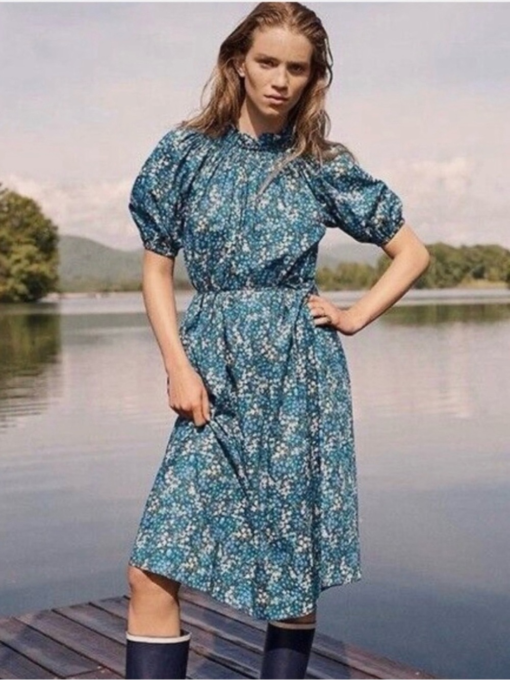 J CREW Liberty Fabric XS Sea Blossoms Blue Smocked Neck Midi Dress Exc Cond